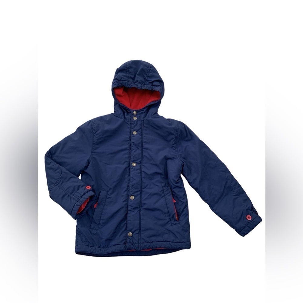 Mini Boden Size 9-10 Navy Blue Hooded Coat with Red Fleece Lining